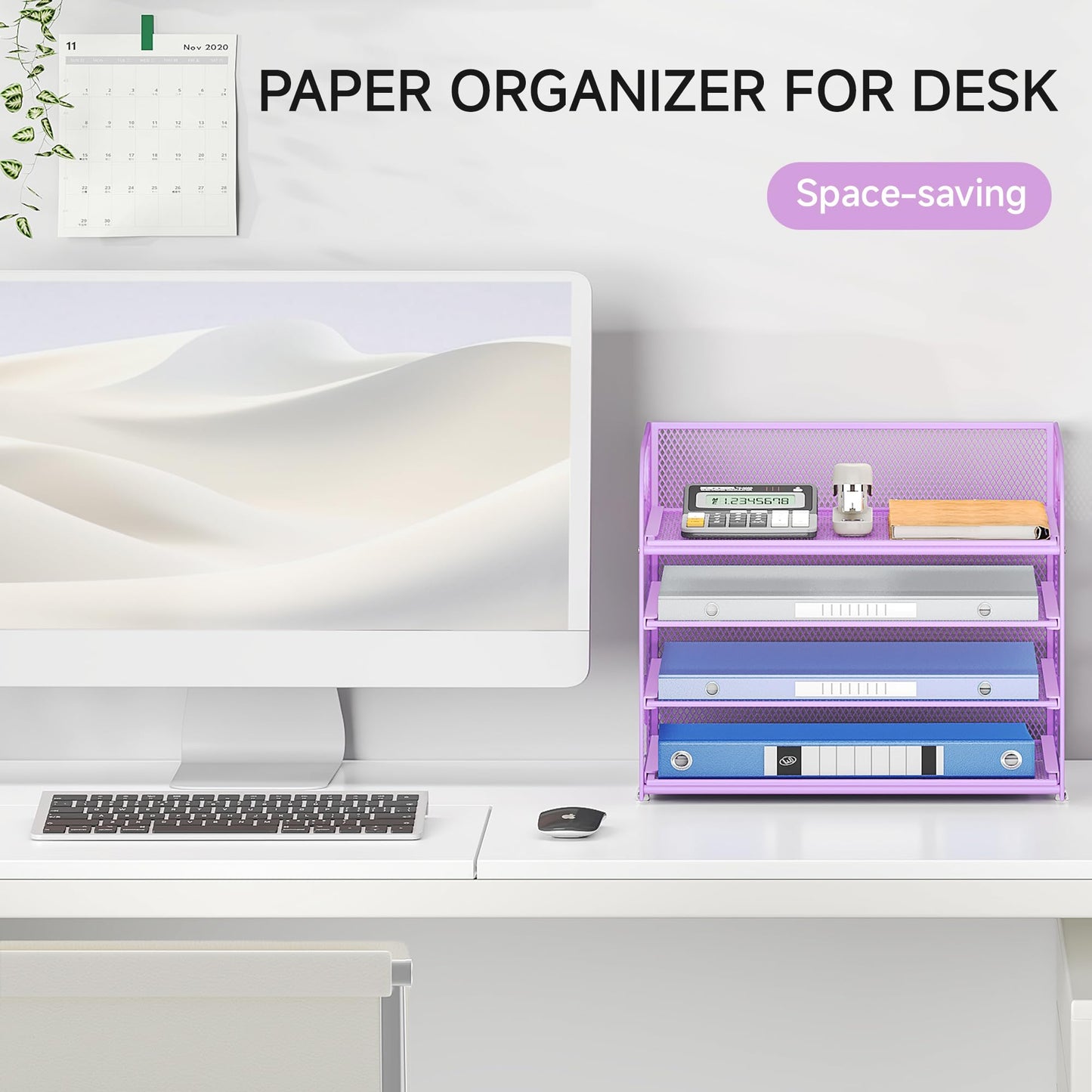 Lavatino 4-Tier Paper Organizer Trays - Purple Mesh File Folder Sorter with Handles, Desk Letter