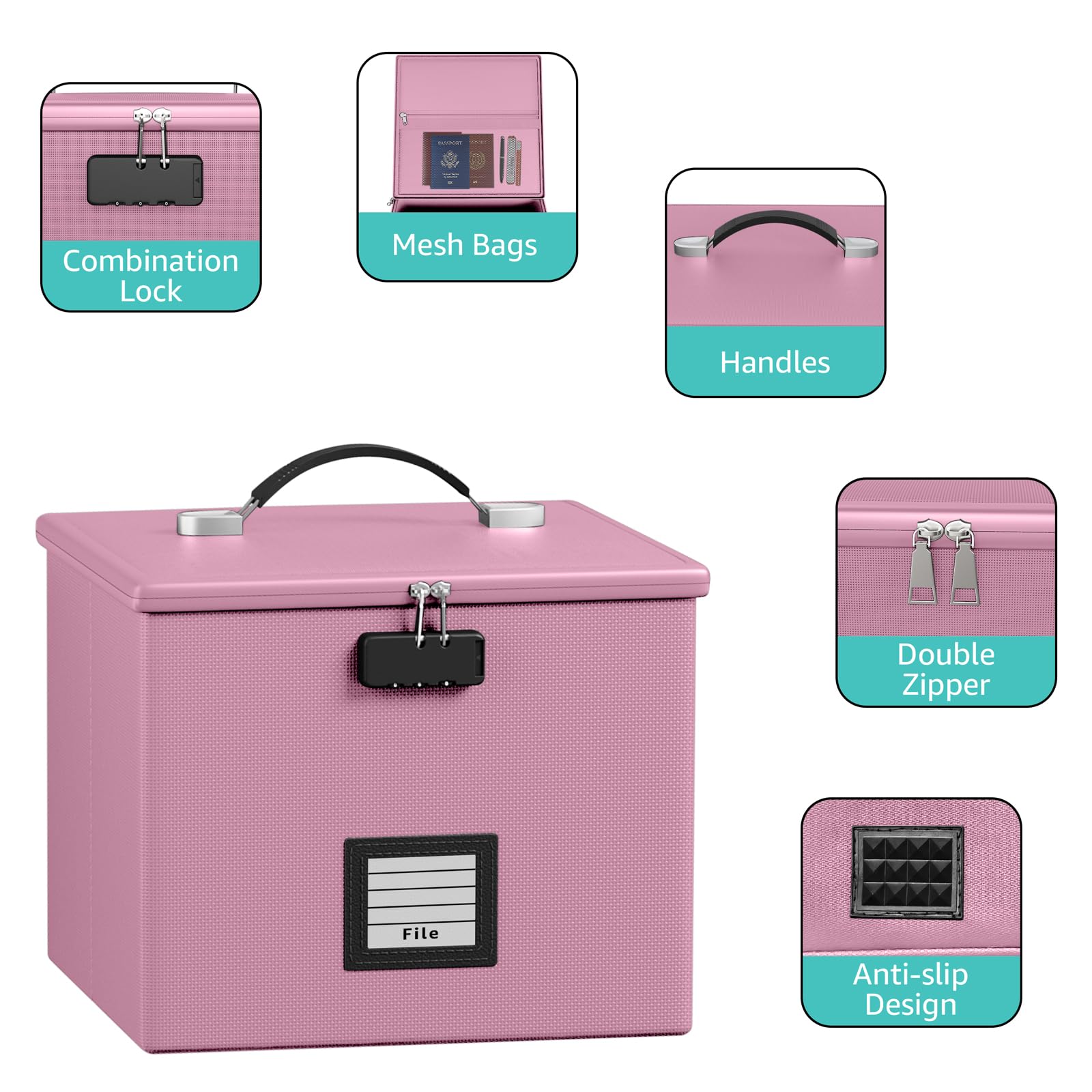 Pink Fire Proof File Box for Documents - Portable Fireproof Document Organizer Box with Handle