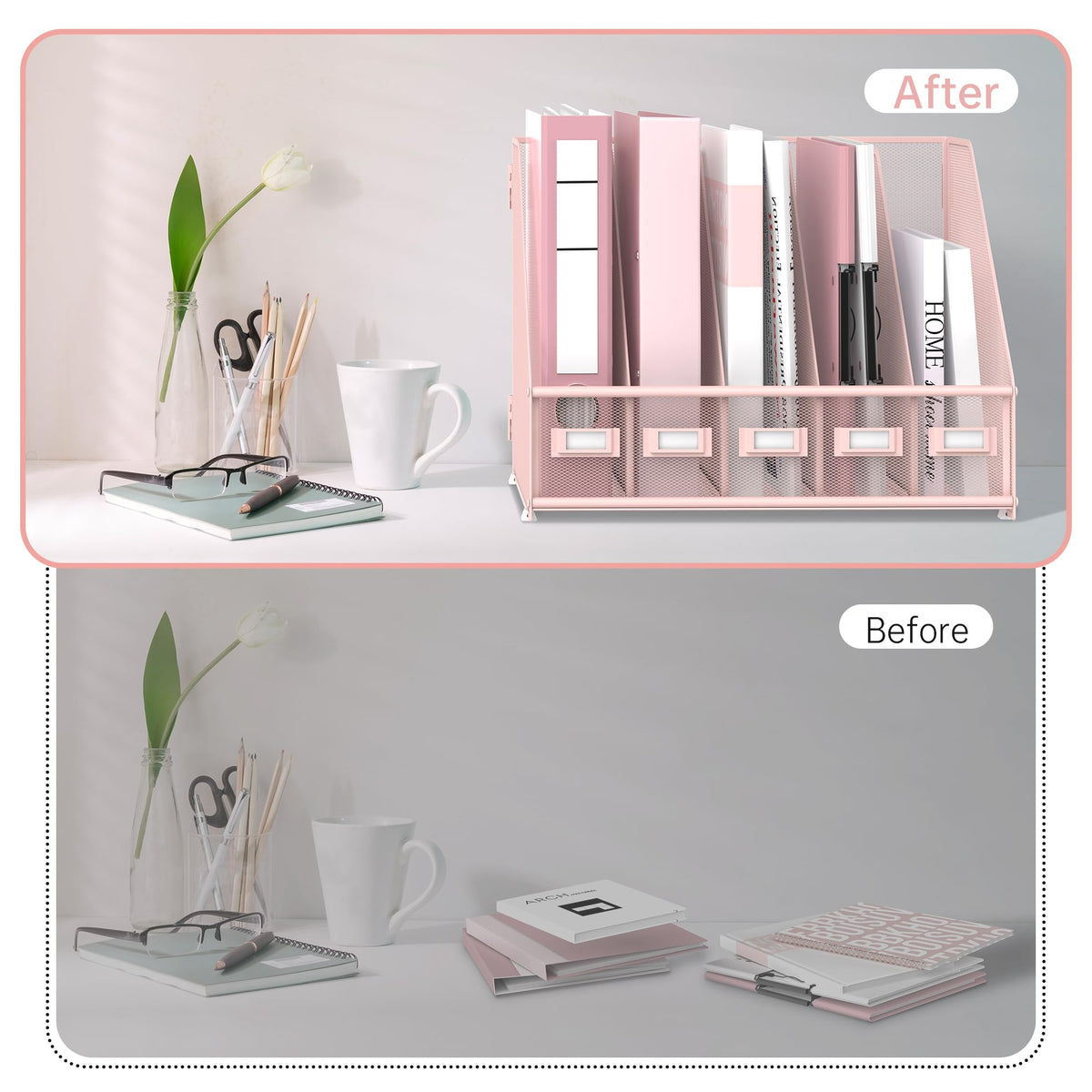 SUPEASY Desk Organizers Metal Desk Magazine File Holder with 5 Vertical Compartments Rack File