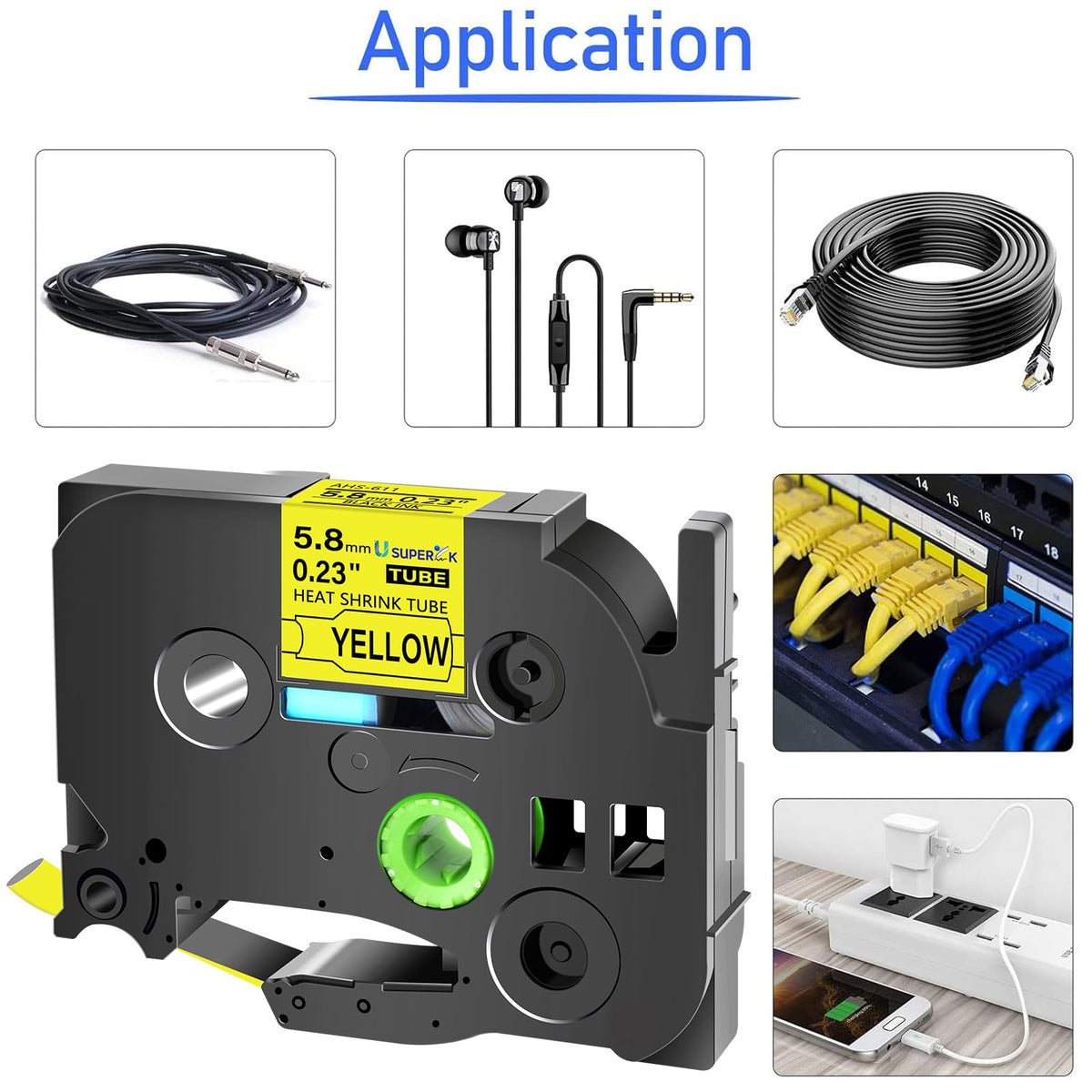 2 Pack Compatible for Brother Ptouch HSe-611 HSe611 HS-611 HS611 Black on Yellow 5.8mm 0.23'' Heat