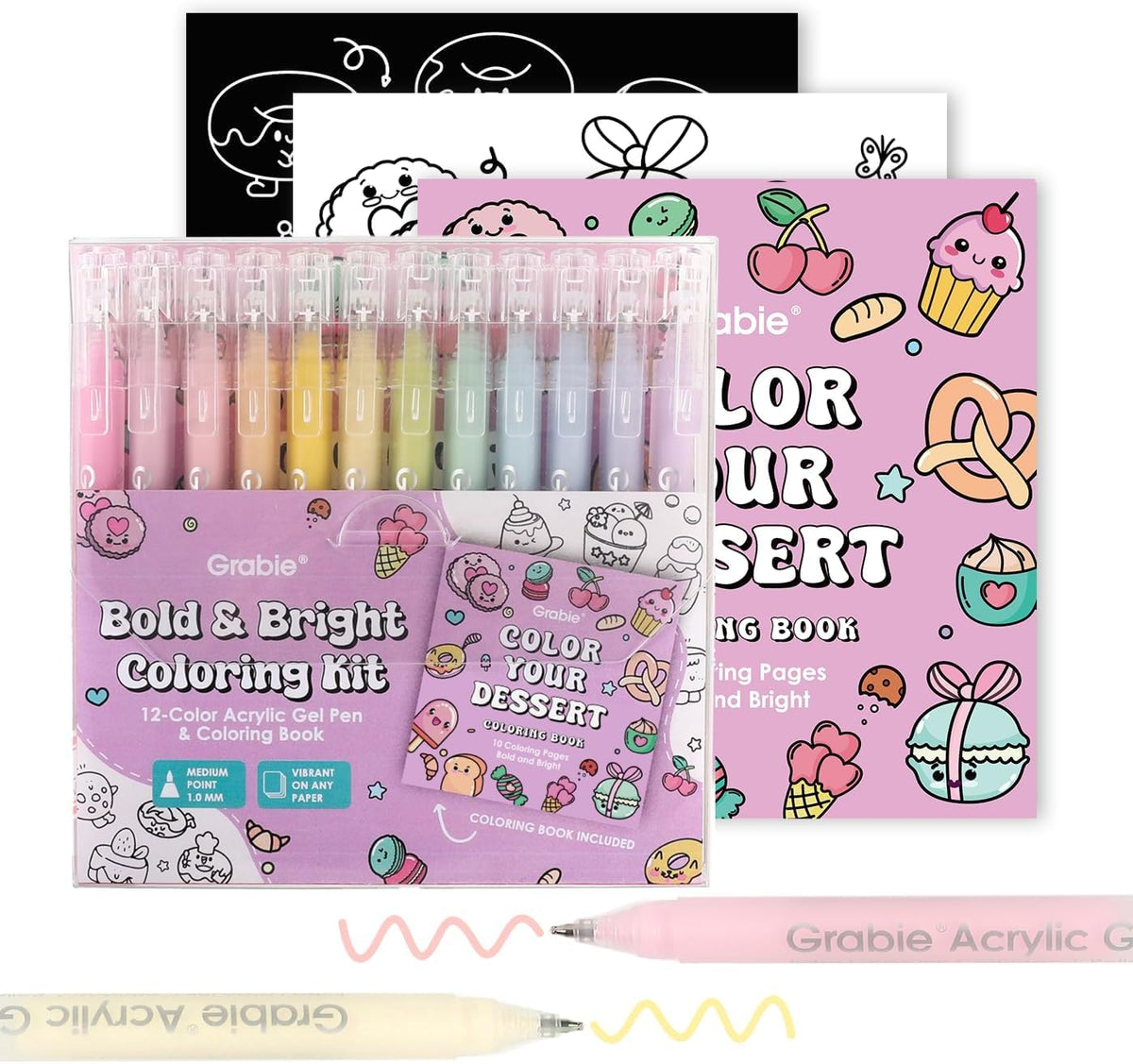 Grabie Acrylic Gel Pens Coloring Kit with Book, Pack of 12 Dessert Colors