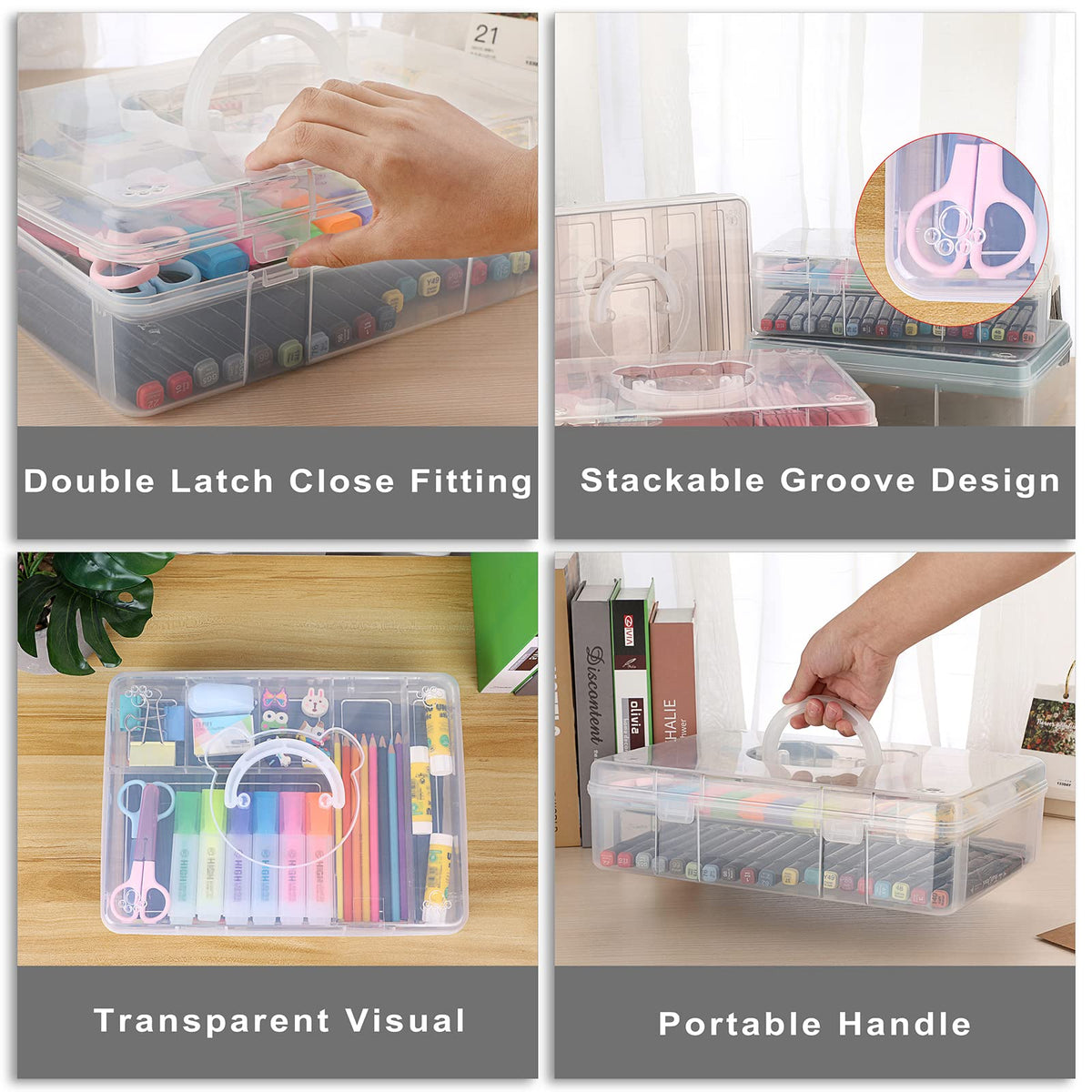 BTSKY 2-Tier Cute Bear Storage Box with Removable Divided Tray Portable Clear Plastic Art Craft