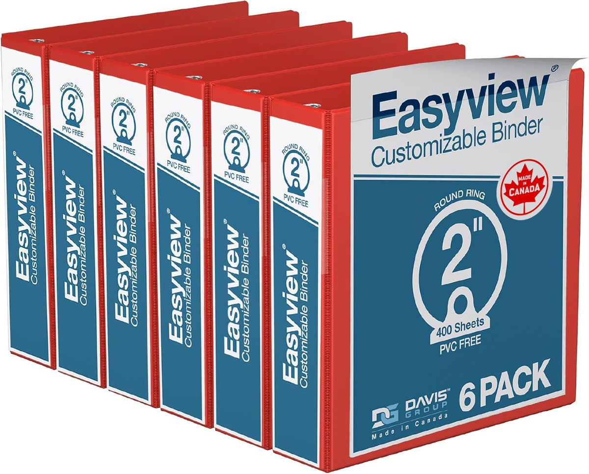 Easyview 3-Ring Binder, Clear-View Cover, 2" Round Rings, Red, 6 Pack