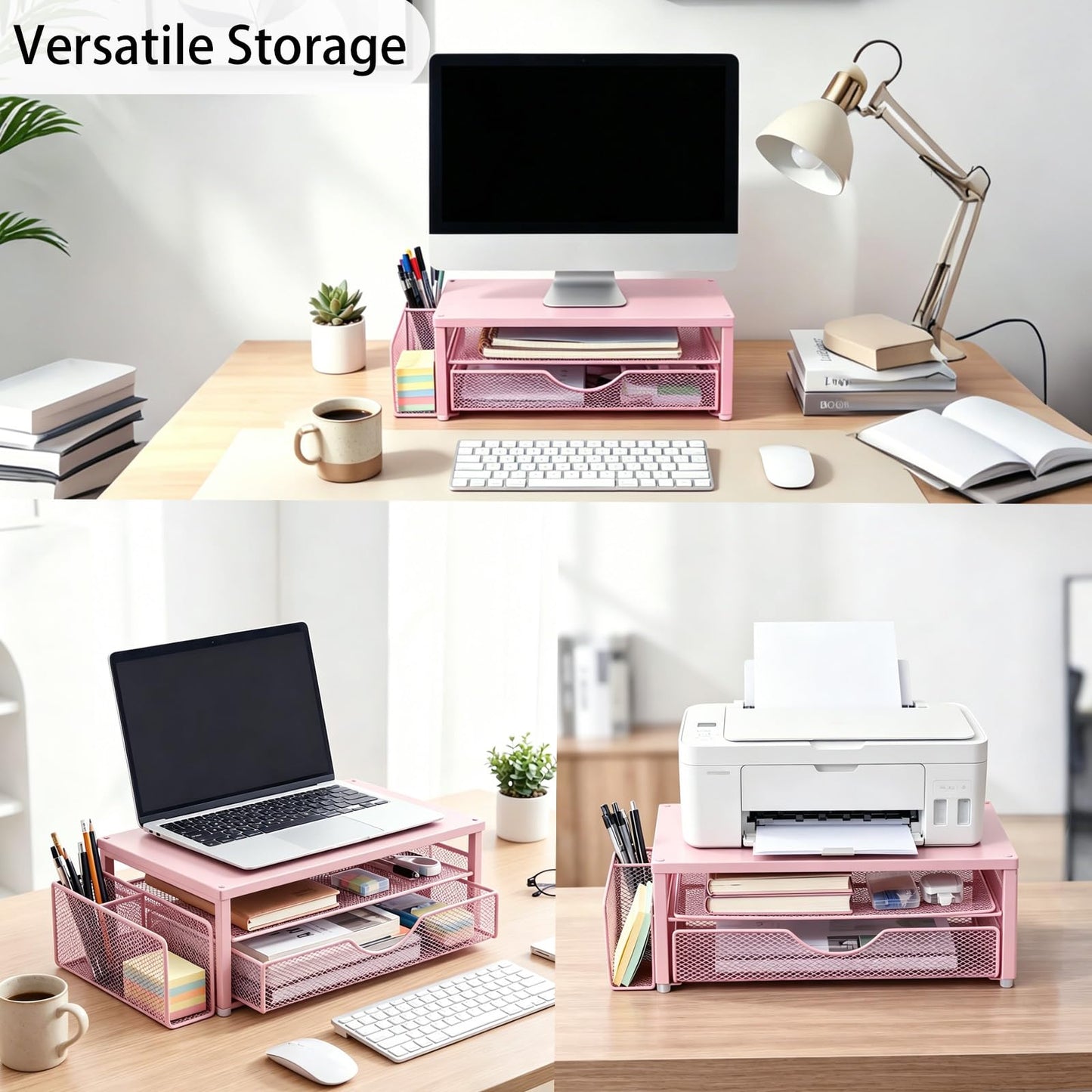 Spacrea Desk Organizers and Accessories, Printer Stand with Storage, Pink