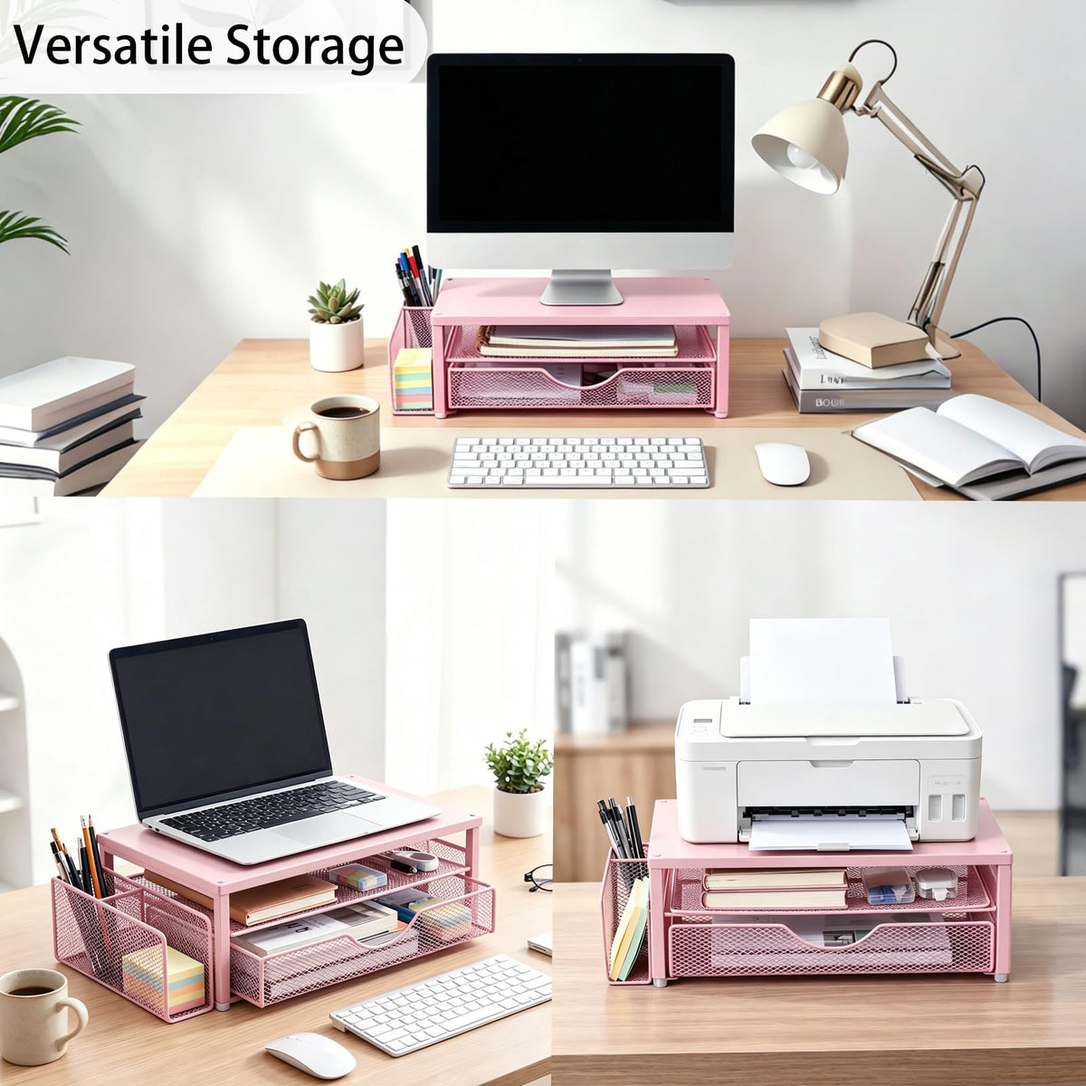 Spacrea Desk Organizers and Accessories, Printer Stand with Storage, Pink
