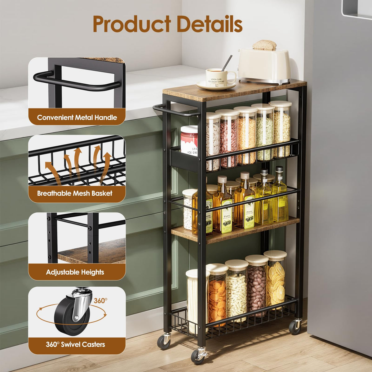 Kssiaz Slim Rolling Storage Cart, 4 Tier Narrow Storage Cart, 7.1in(W)