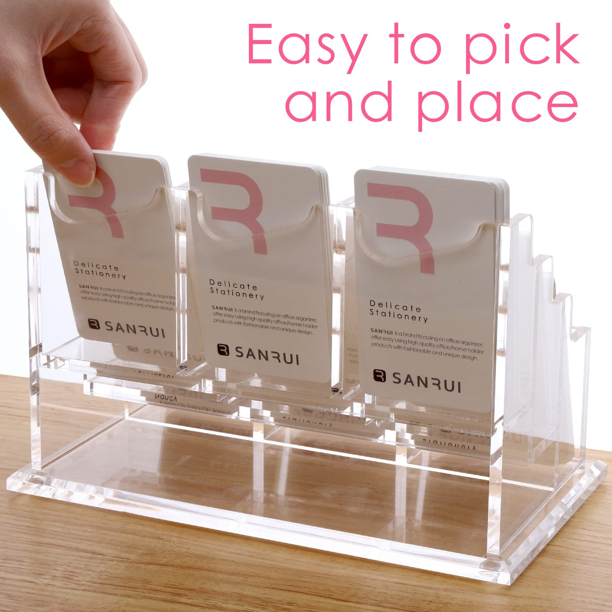 SANRUI Vertical Business Card Holder for Desk，Clear Acrylic Business Card Display Stand，9 Slots 3