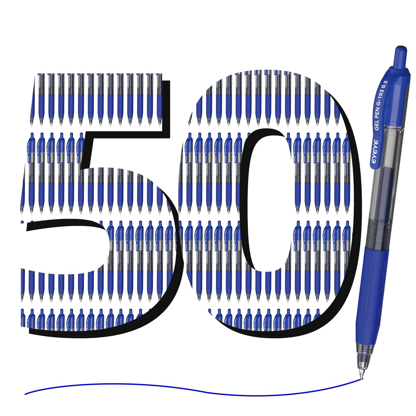 EYEYE G-103 Retractable Gel Pen 0.5mm, 50 Pack Extra Fine Point Blue Ink Pens Quick Drying