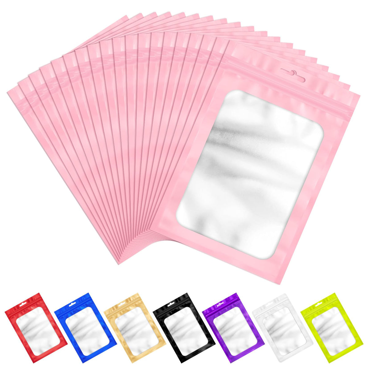ANZNKU 100Pcs Pink Mylar Bags, Resealable Smell Proof Zip Goodie Baggies