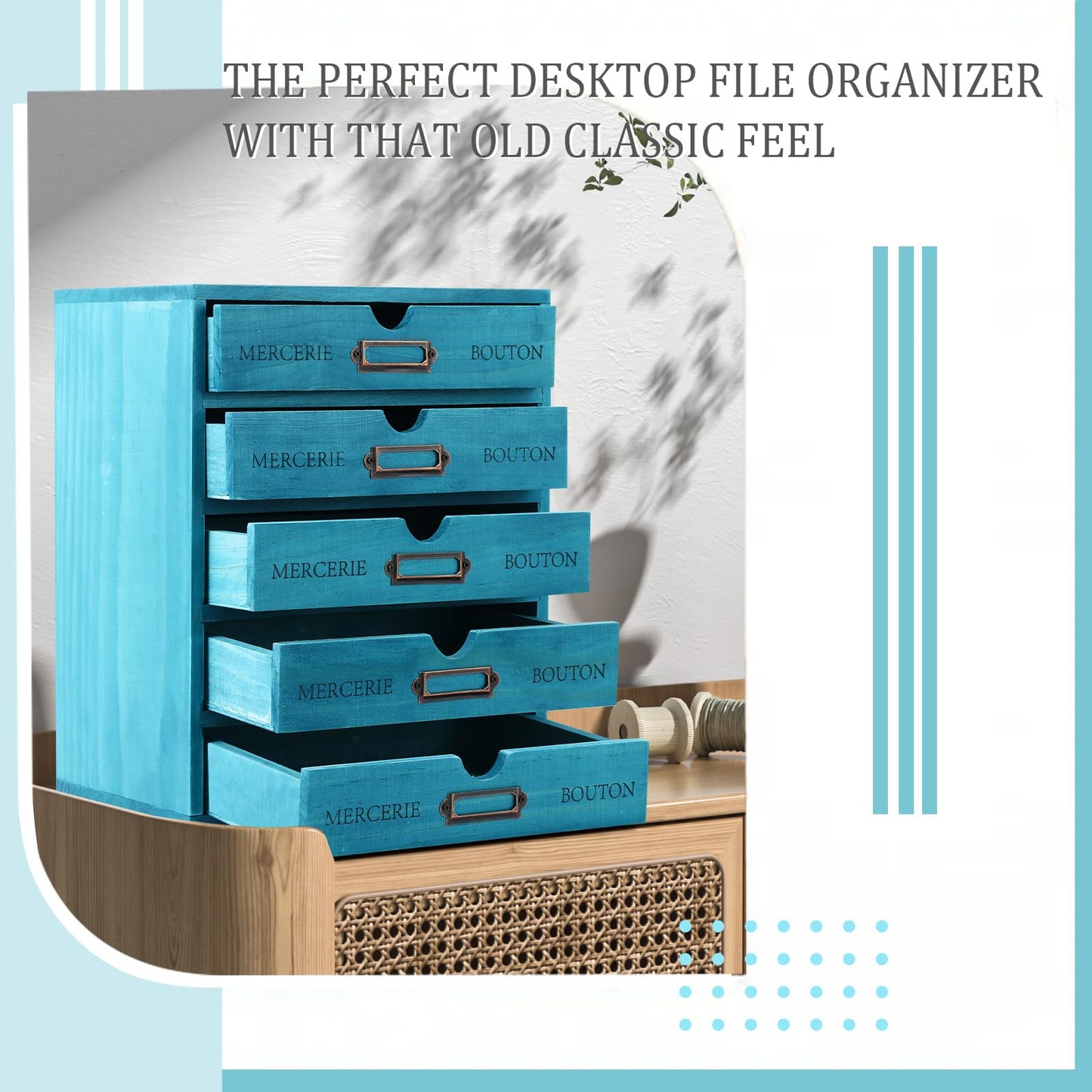 Wesiti Wooden Desk Organizer, 5 Drawers, Vintage Makeup Cabinet, Blue