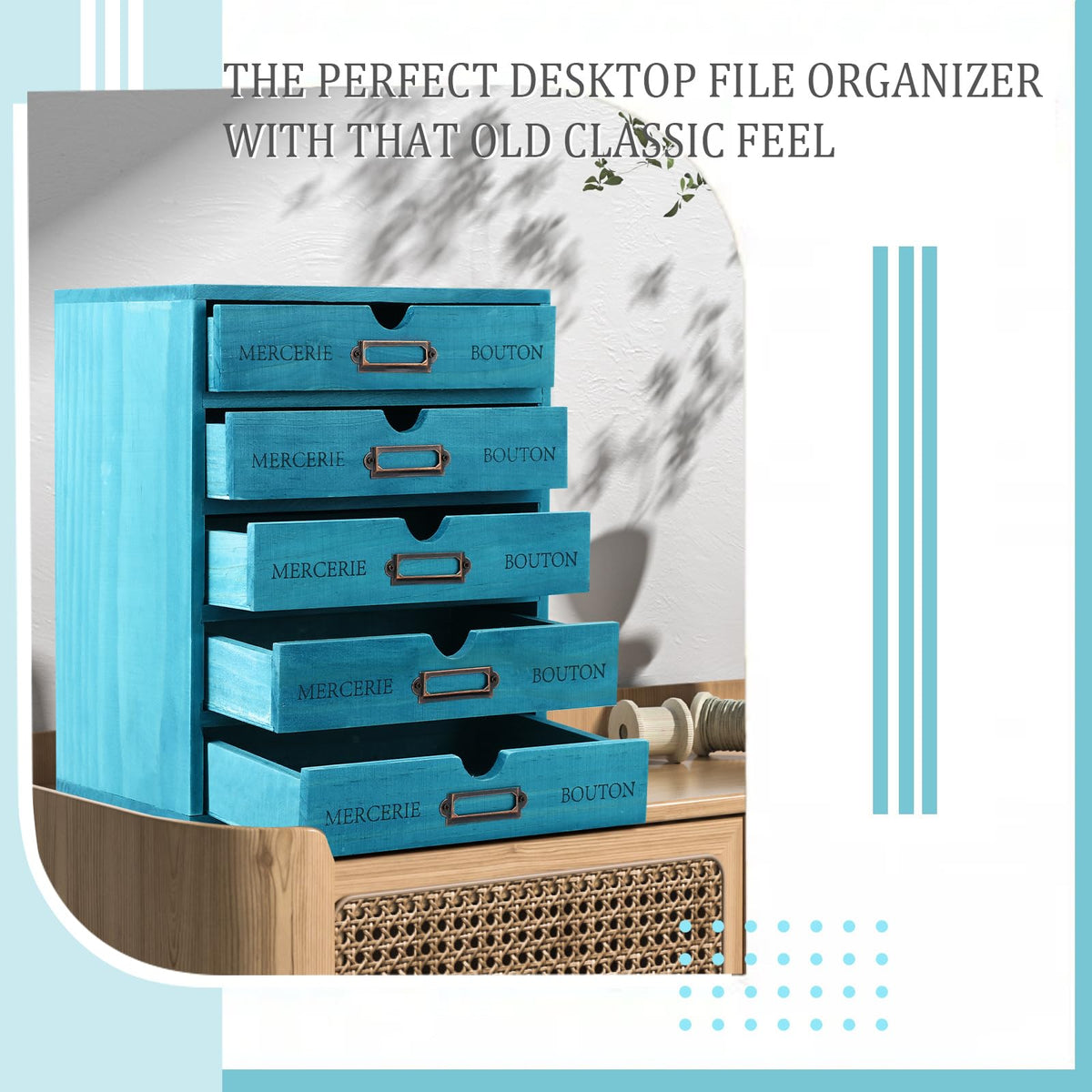 Wesiti Wooden Desk Organizer, 5 Drawers, Vintage Makeup Cabinet, Blue