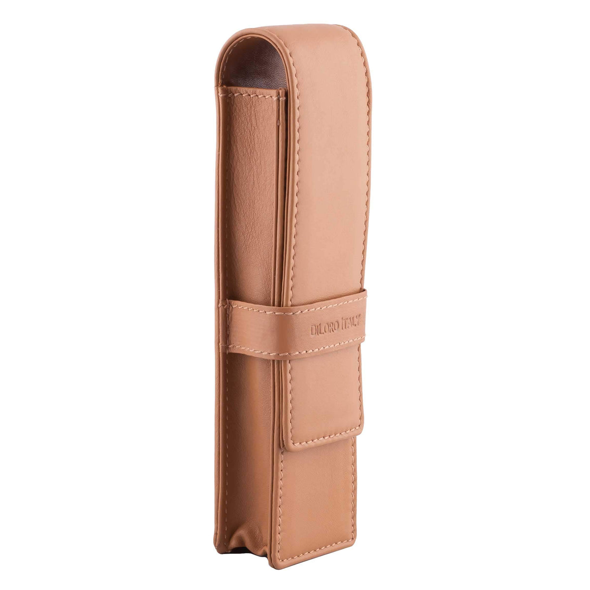 DiLoro Leather Pen Case Pouch Holder for Two Fountain Ballpoint Rollerball Pens or Pencils (Tan)