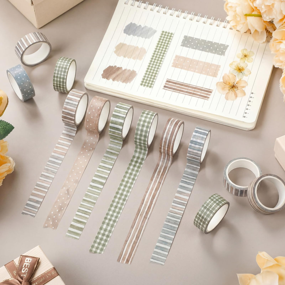 YooNotee 12 Rolls Floral Washi Tape Set,Watercolor,Stripes and Plaid