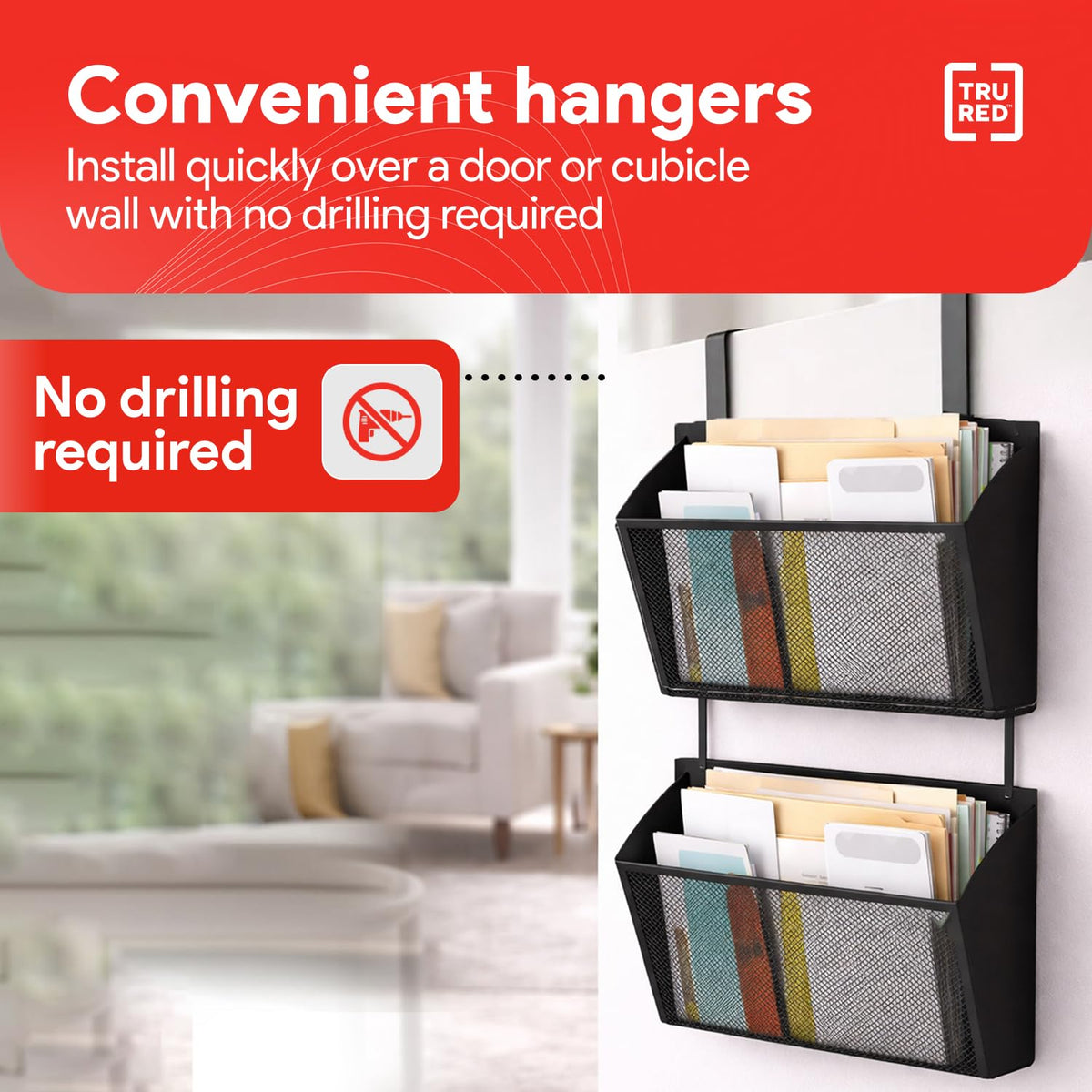 Staples TRU RED Mesh Letter Wall File, 1 - Pocket Hanging Organizer, Black, 2-Pack - Wall - Mounted