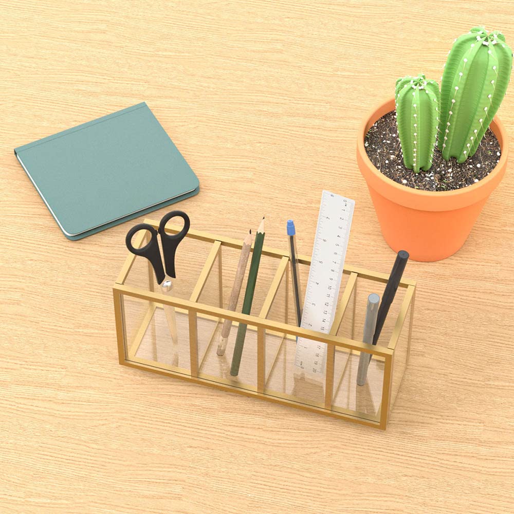 NIUBEE Gold Acrylic Pen Holder 4 Compartments, Desk Office Pencil Cup Desk