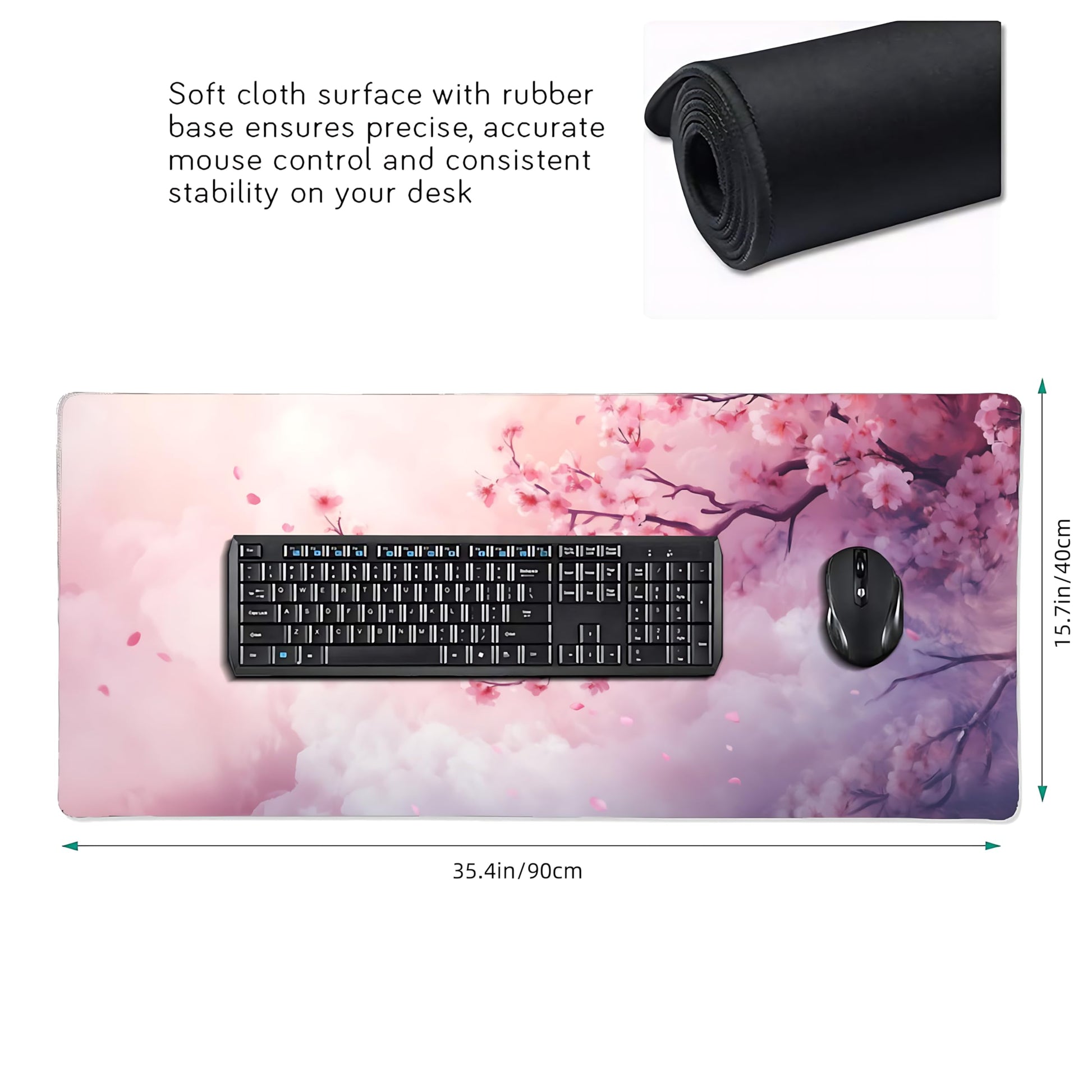 Cute Floral Aesthetic Cherry Gaming Mouse Pad, Pink Dreamy Desk Mat with Anti-Slip Base & Stitched
