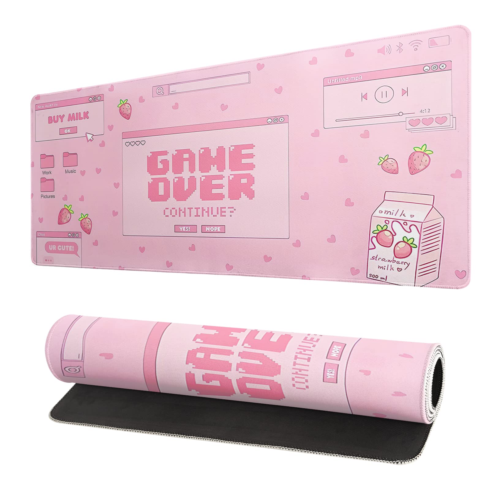 Pink Gaming Mouse Pad 31.5x11.8 Inch Pastel Game Over Large Mousepad Kawaii Office Decor for Women