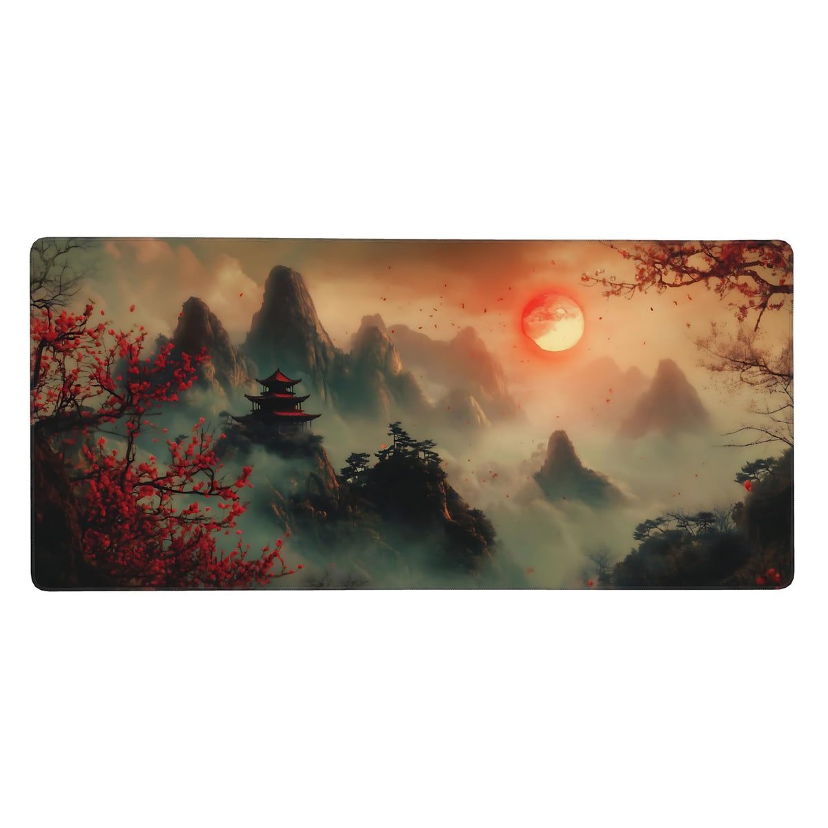 Aesthetic Scenery Gaming Mouse Pad, Green Red Japanese Desk Mat with Anti-Slip Base & Stitched