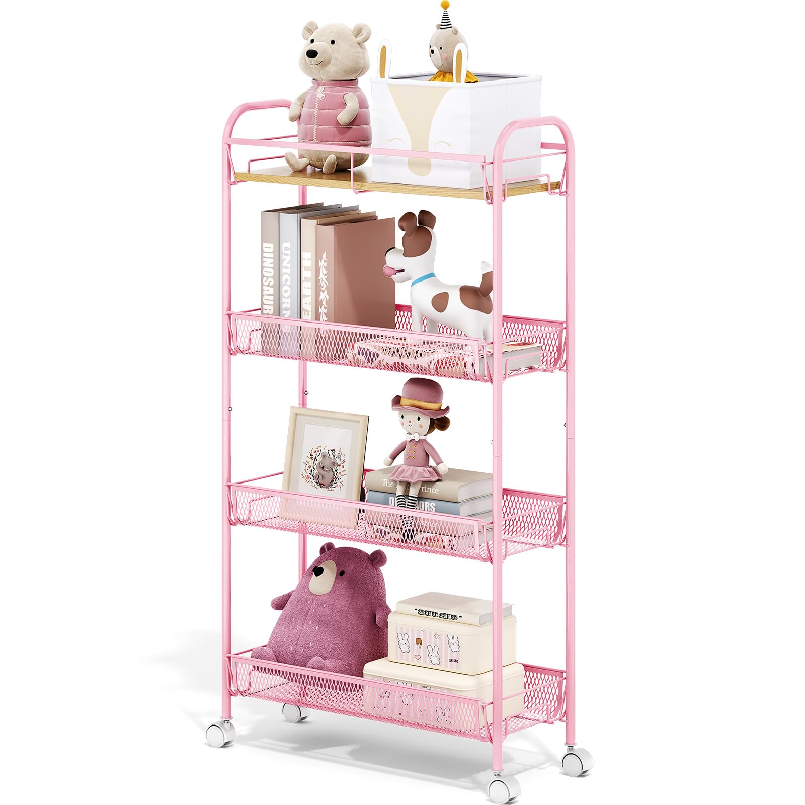 TOOLF 4-Tier Slim Rolling Cart, Metal Storage Cart with Wooden Tabletop and Mesh Baskets for Narrow