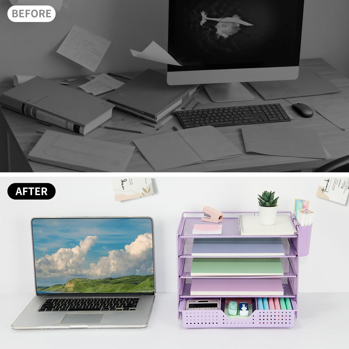 LEKETREE Desk Organizers and Accessories, 5-Tier Paper Letter Tray Organizer with Drawer & 2 Pen