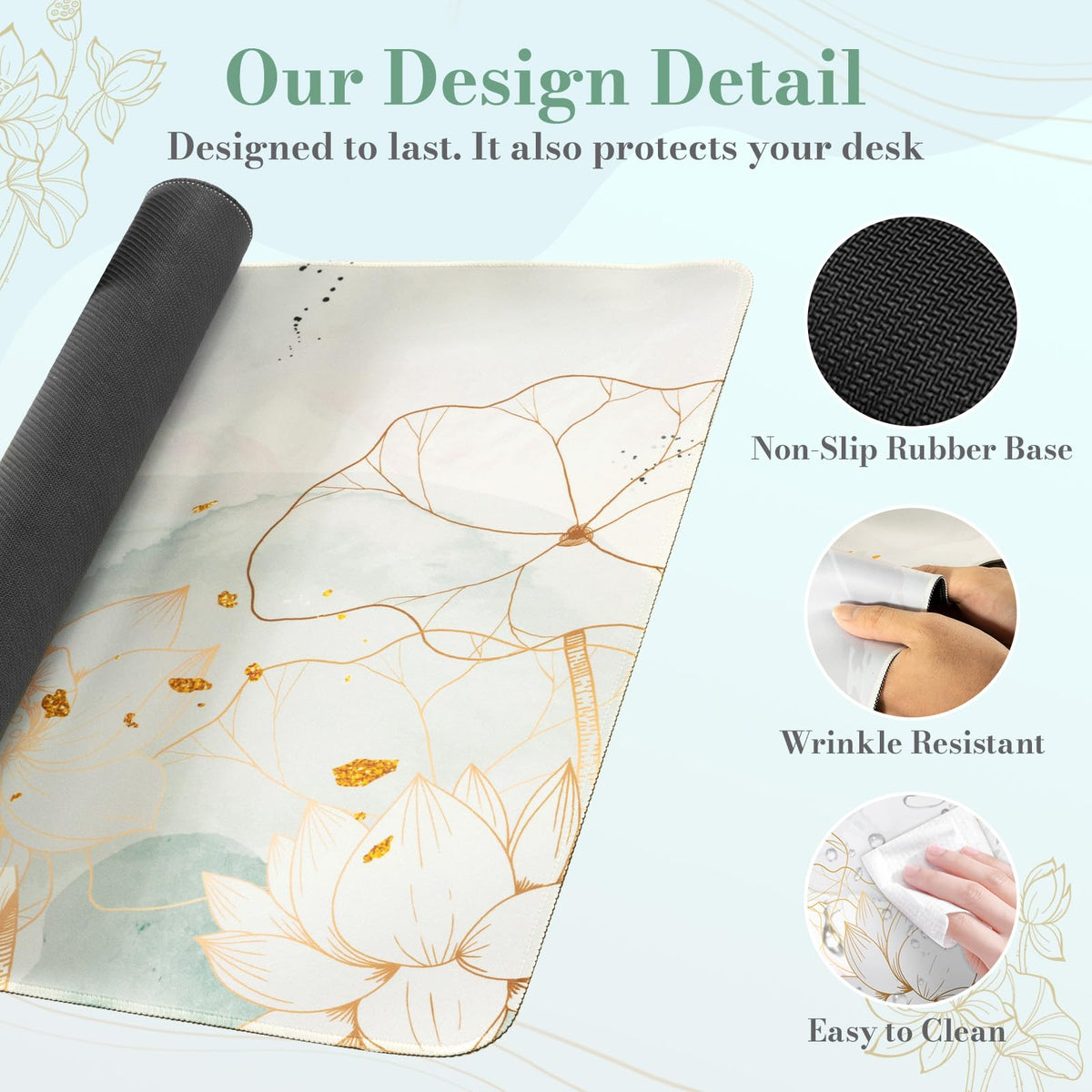 iCasso Desk Cover Mat, Extra Large Lotus Mouse Pad, Green Lotus Leaf