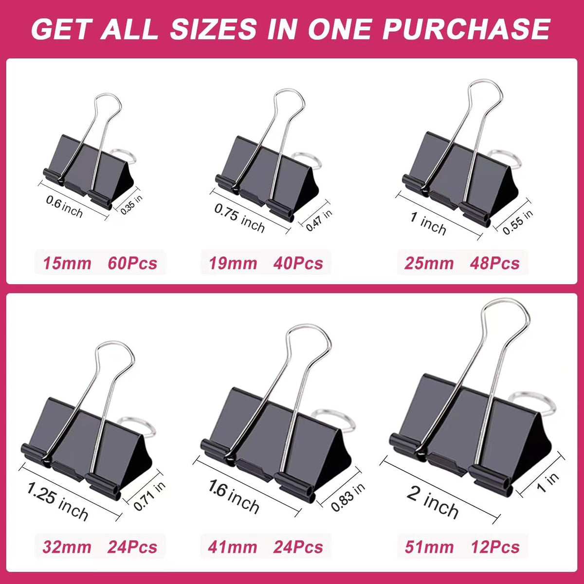 STOLCA 208 PCS Binder Clips Paper Clamps Assorted Sizes, Metal Paper Binder Clip, Black Binding