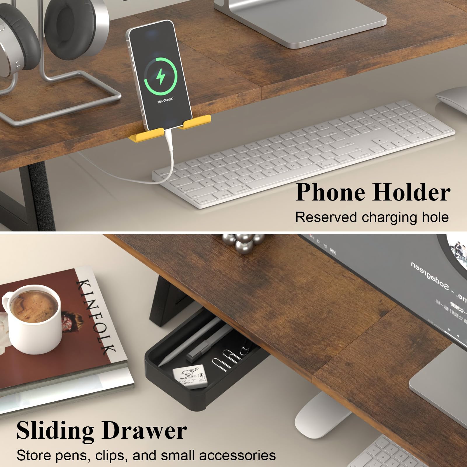 TEAMIX 39.4 inch Dual Monitor Stand Riser with Drawer & Phone Holder, Brown