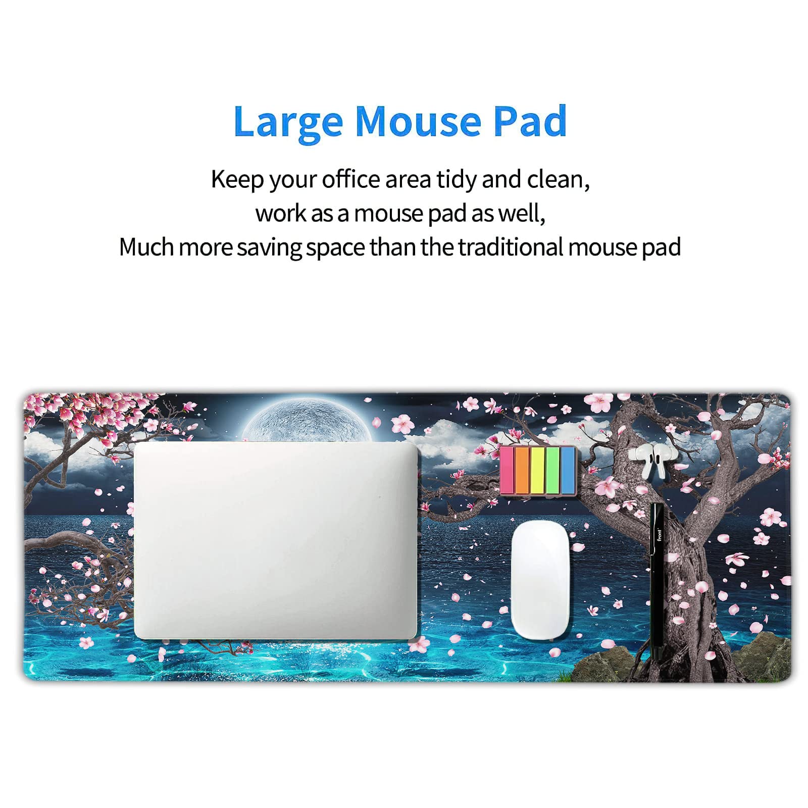 Pink Cherry Blossom Gaming Mouse Pad XL Sakura Tree Blue Ocean Moon Night Extended Big Large Desk