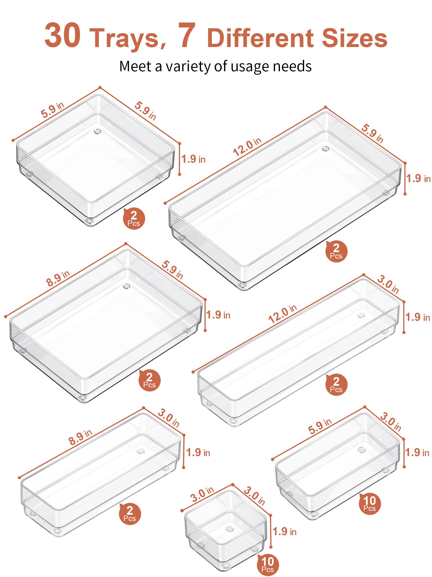 SMARTAKE 30-Piece Drawer Organizer with Non-Slip Silicone Pads, 7-Size