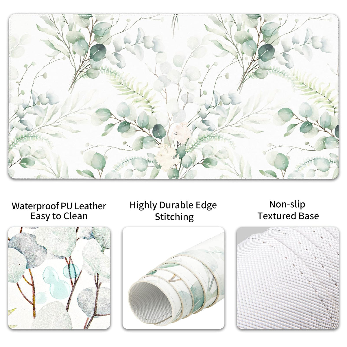 QiyI PU Leather Desk Mat Set, 4-in-1 Ergonomic Wrist Rest, Eucalyptus Leaf