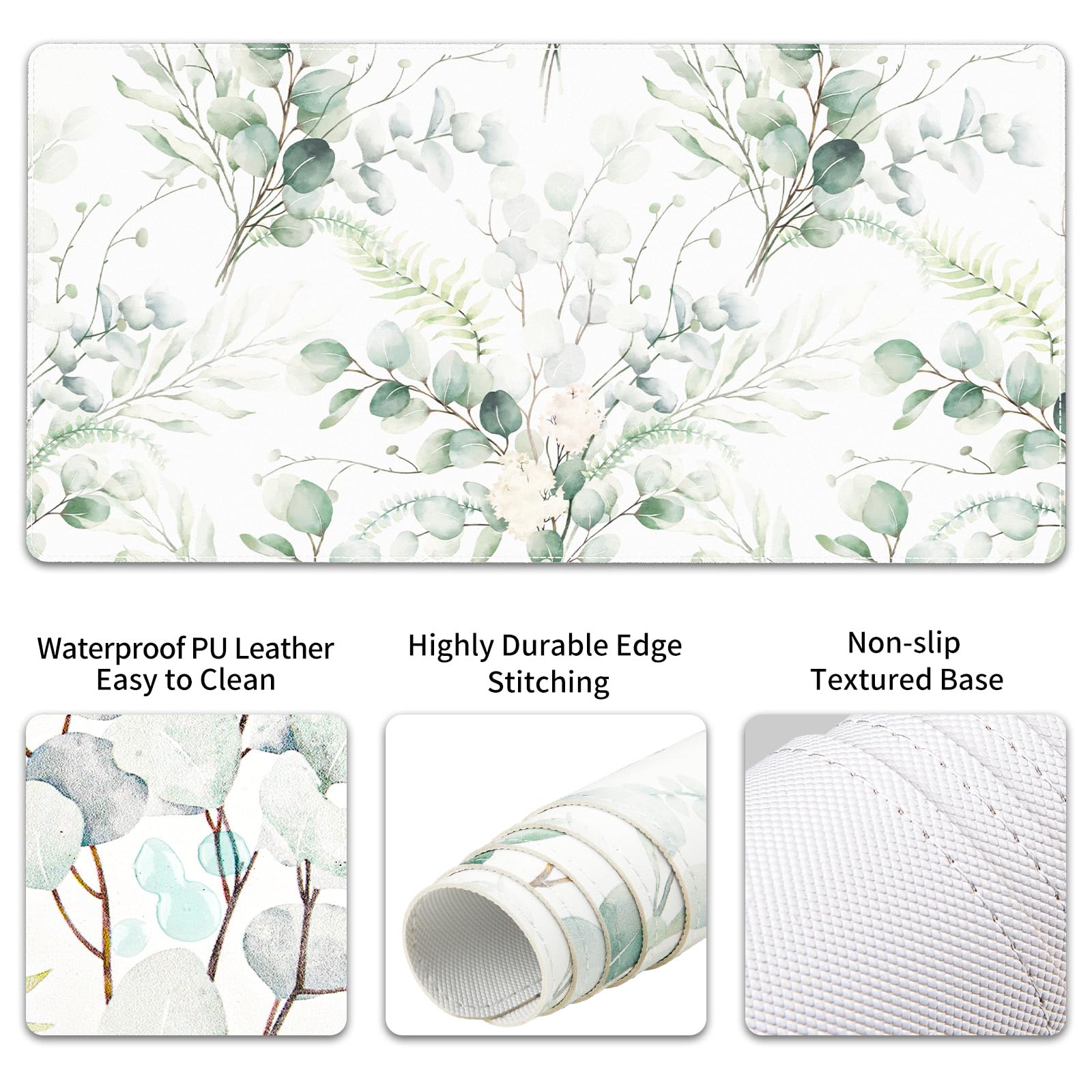 QiyI PU Leather Desk Mat Set, 4-in-1 Ergonomic Wrist Rest, Eucalyptus Leaf