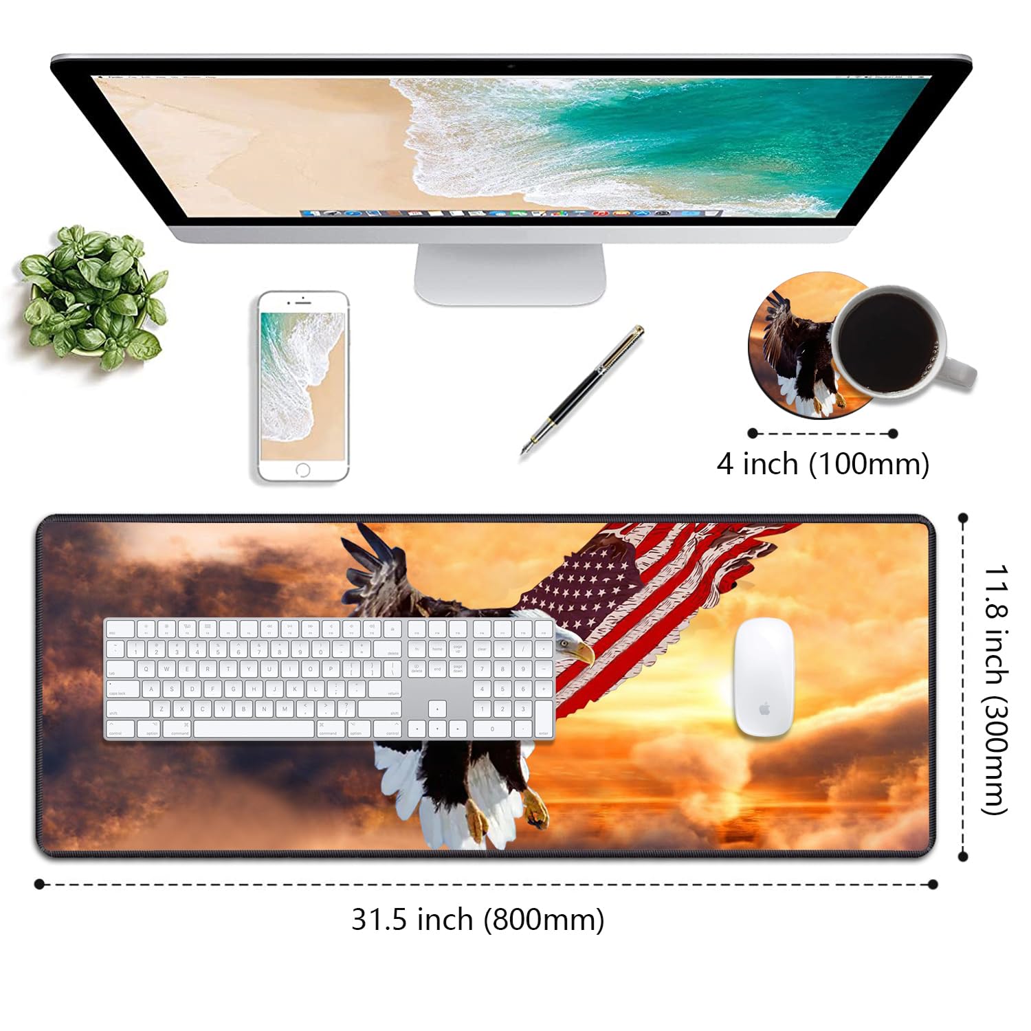 Desk Pad Mat With Coasters, 31.5"x 11.8" XXL Large Gaming Mouse Mat With Non-Slip Base and Stitched