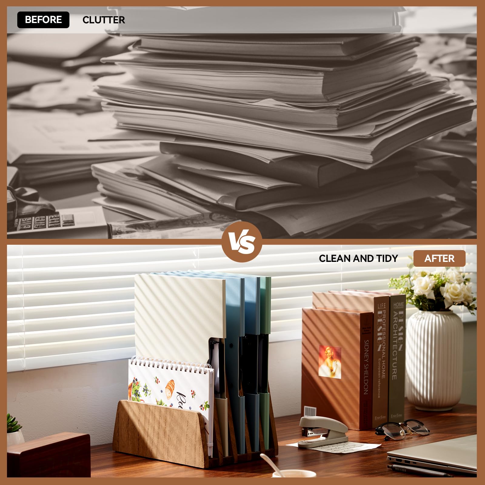 KIRIGEN Wooden Mail Organizer, 5-Slot File Holder for Desk, Brown 5K-DBR