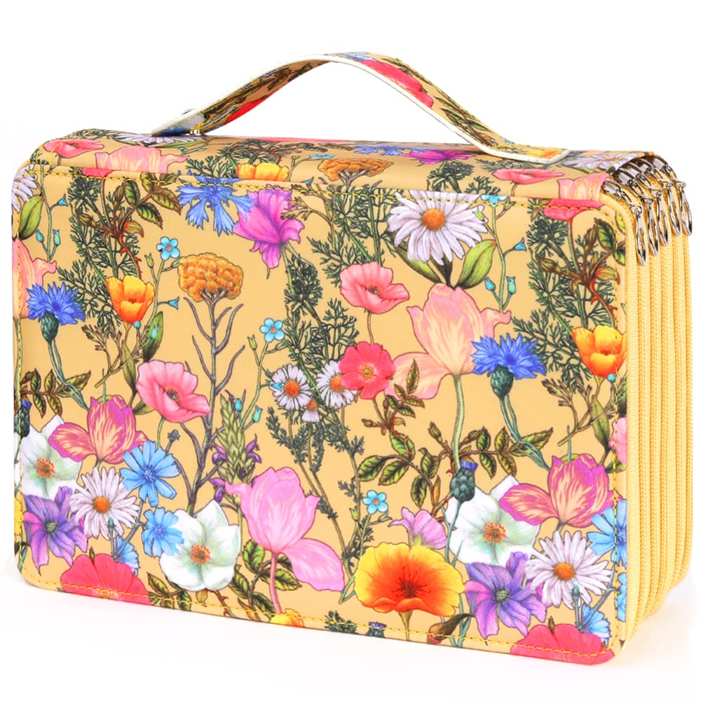 Vomgomfom 252 Slots Pencil Case 5-Layer PU Leather, Handle, Yellow Rose