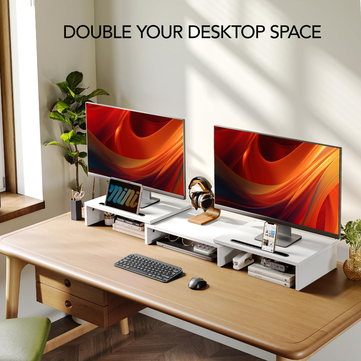 AMERIERGO Dual Monitor Stand Riser- 3 Shelf Screen Stand with Adjustable Length and Angle, 2 Extra