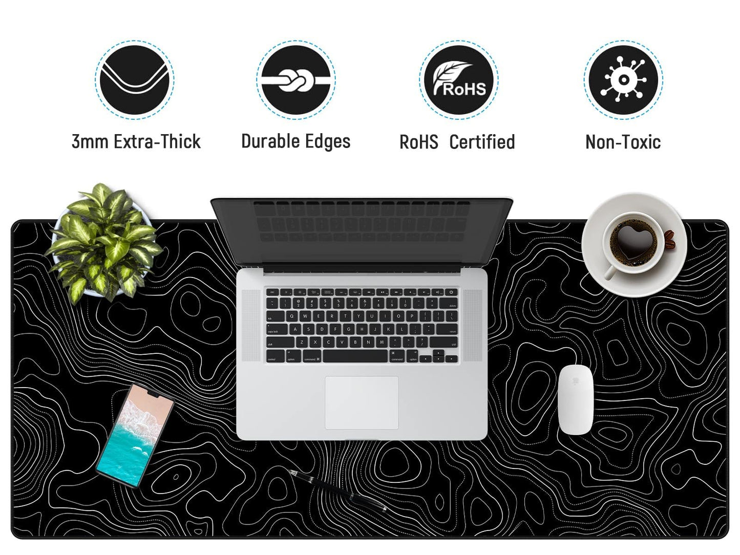 JIALONG Black Topographic Large Gaming Mouse Pad, XXL Mousepad, Big Mouse Mat Desk Pad for Keyboard