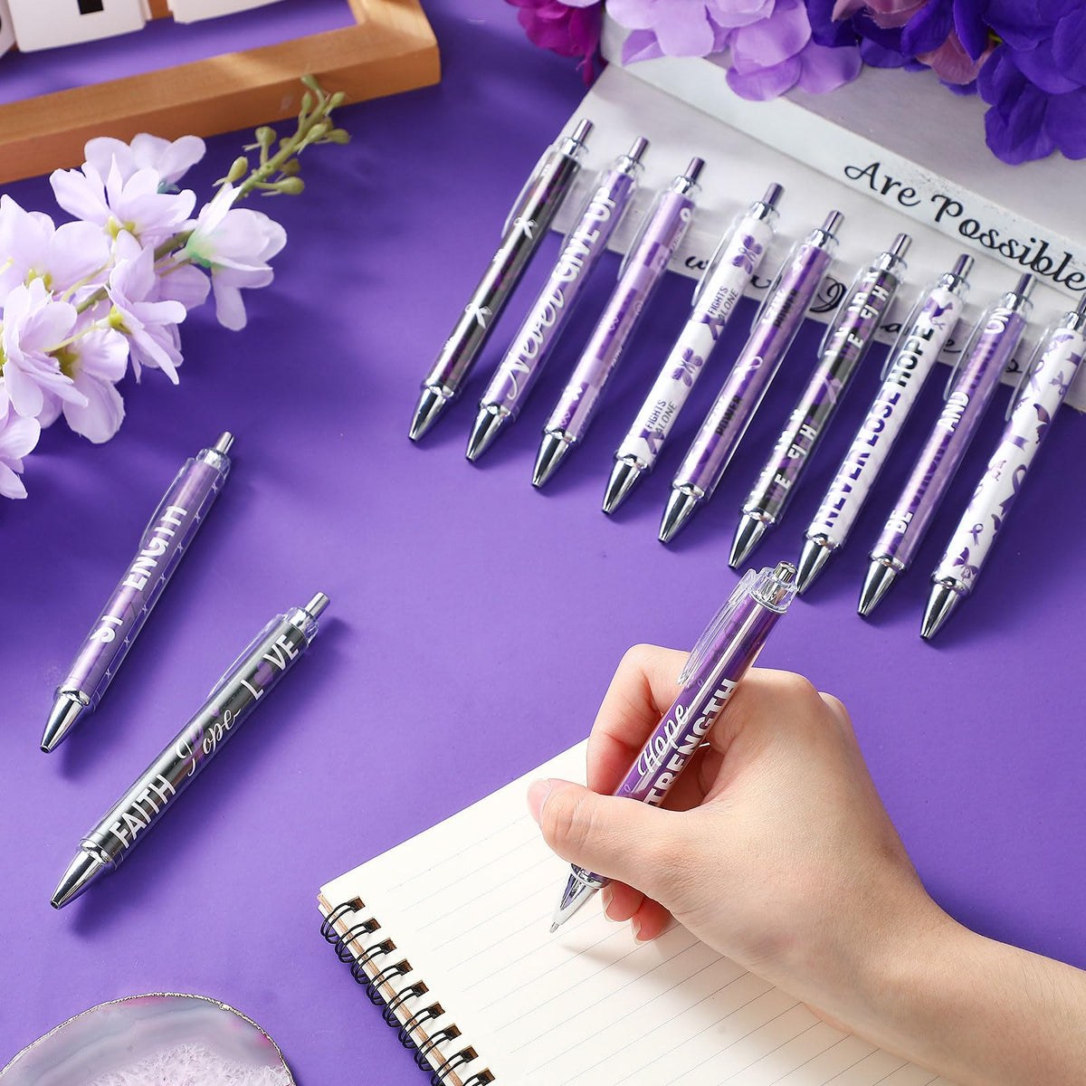 Cholemy 96 Pcs Purple Ribbon Awareness Pens Bulk Pancreatic Cancer, Alzheimer s, Lupus, Animal