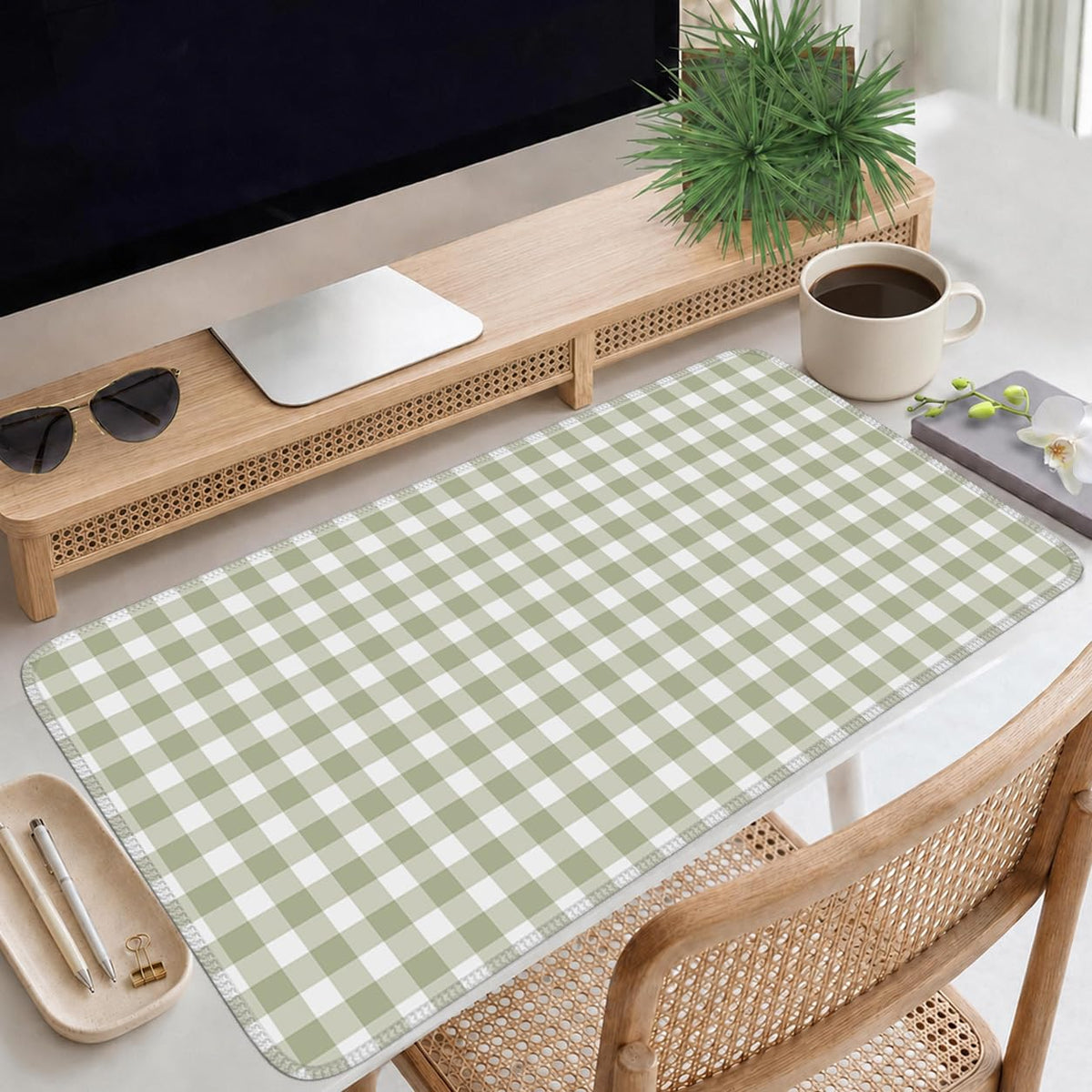 Green Checkered Gingham Desk Mat Pad XXL Large Mouse Pad Anti-Slip Big Mousepad with Stitched Edges