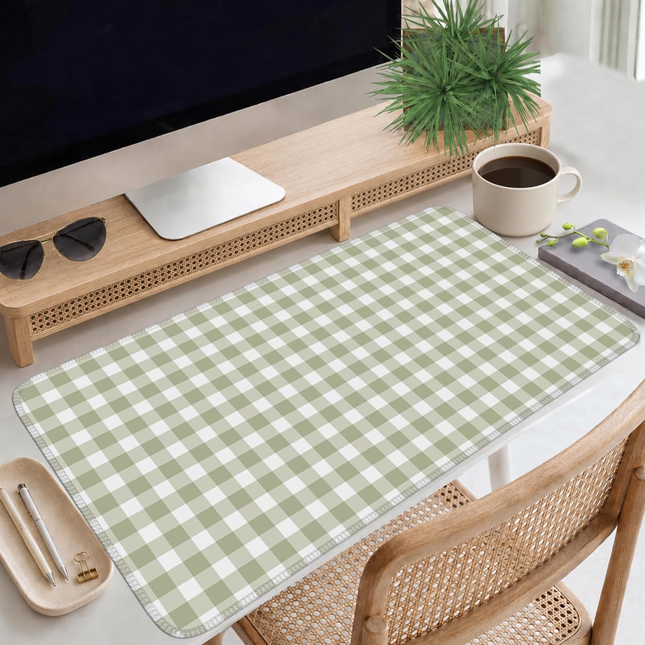 Green Checkered Gingham Desk Mat Pad XXL Large Mouse Pad Anti-Slip Big Mousepad with Stitched Edges