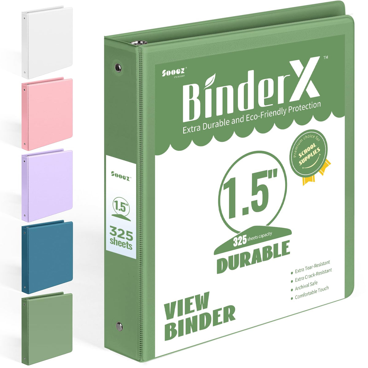 BinderX 3 Ring Binder 1.5 Inch, 1.5" Clear View Binder, Olive Green, Letter