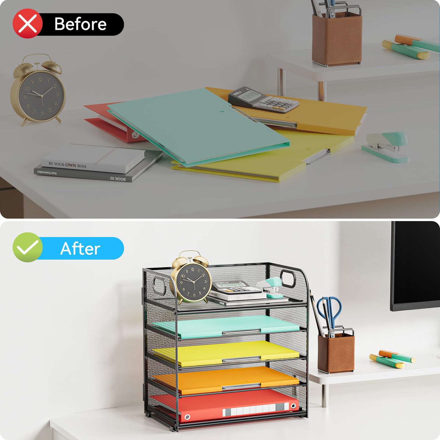 Kinkota Paper Organizer Letter Tray with Handle, 5-Tier Black