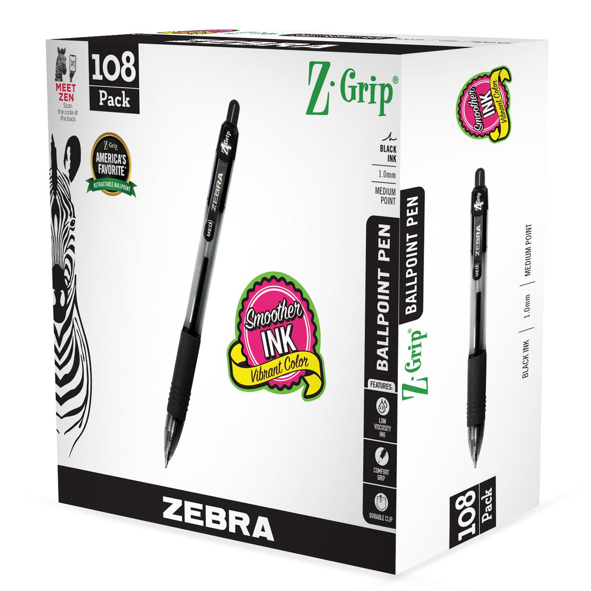 Zebra Pen Z-Grip Retractable Ballpoint Pen, Black Ink, 1.0mm, 108 Bulk-Pack