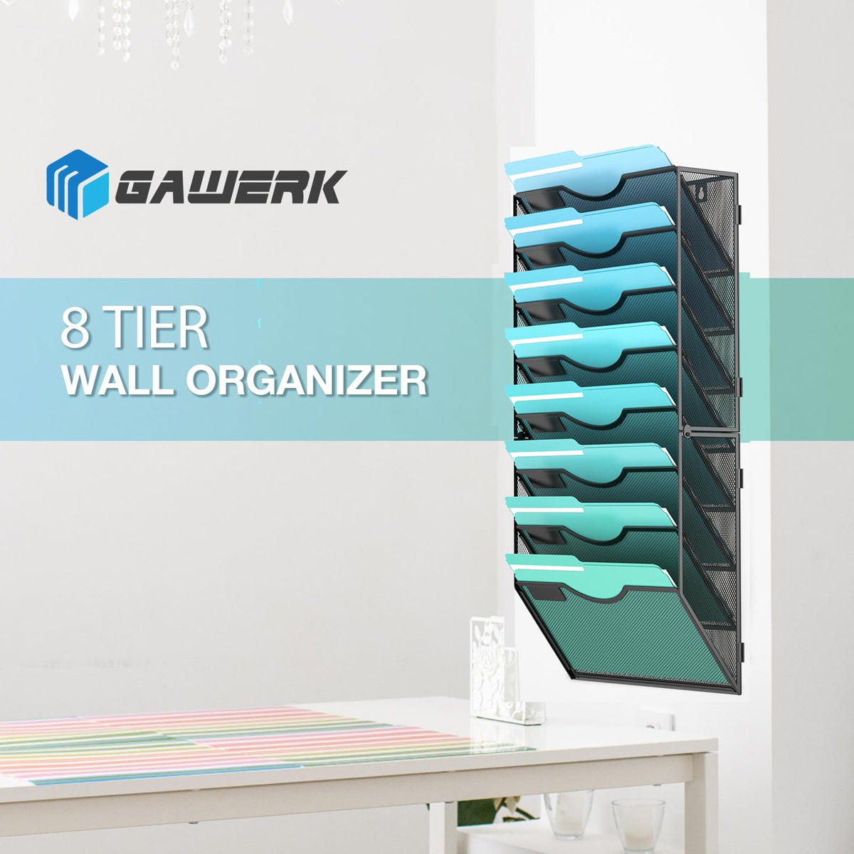 Gawerk 8-Tier Wall File Organizer Hanging Wall File Holder Wall Mount Paper Folder Organize, Mesh
