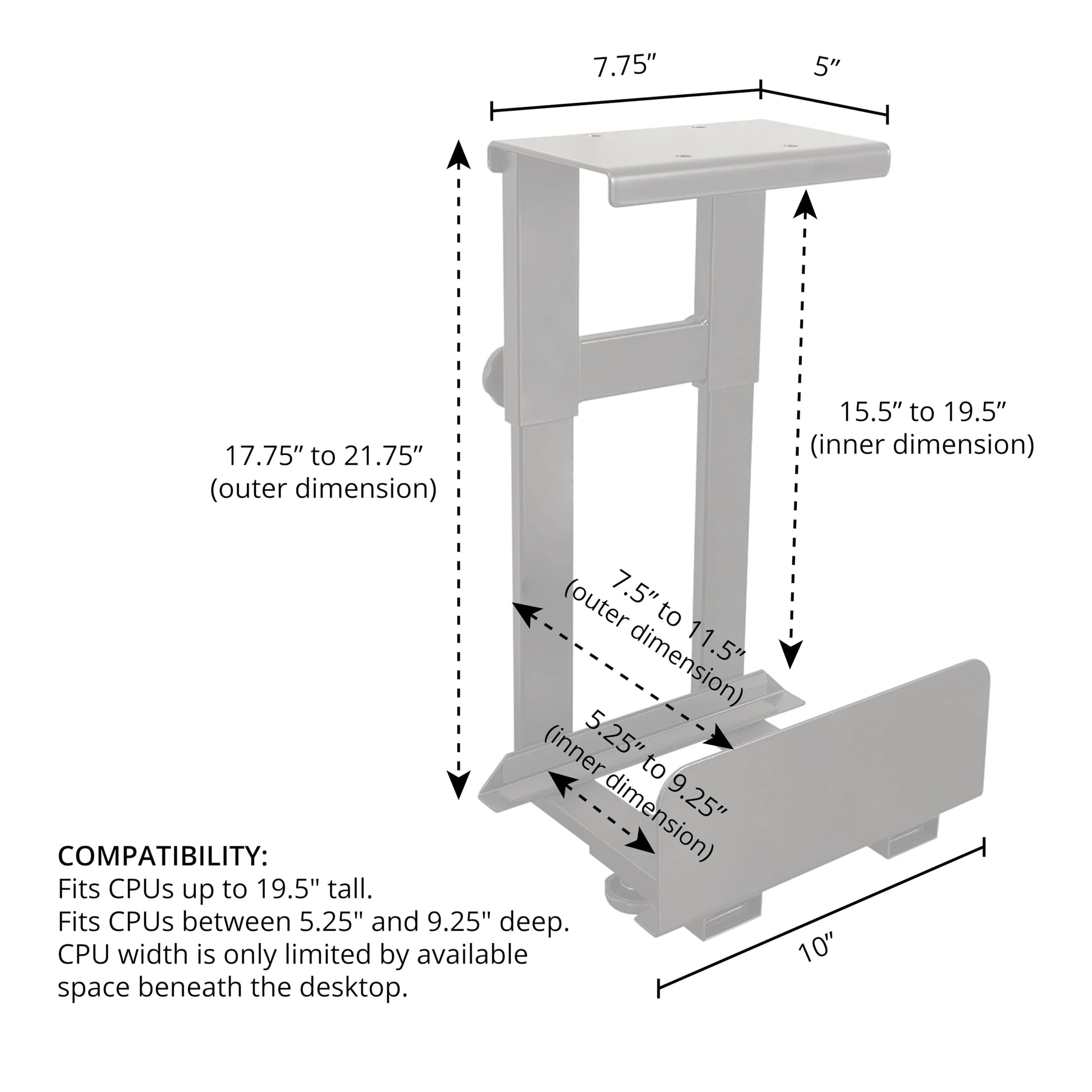 Stand Up Desk Store Adjustable CPU Desktop Computer Tower Holder Under Desk Mount