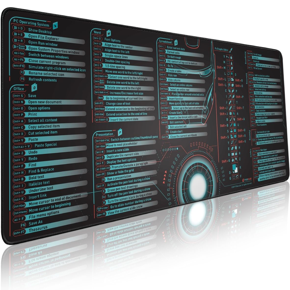 Pixiecube Windows, Office, Excel, Adobe Photoshop Shortcut Keys Extended Large Mouse Pad | Gaming