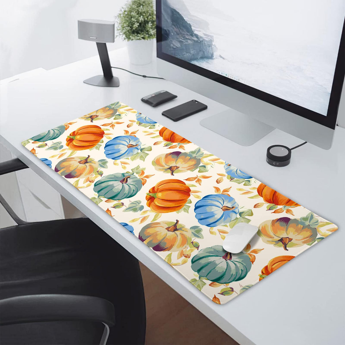Watercolor Fall Pumpkins Gaming Mouse Pad XXL Autumn Leaves Extended Big Large Desk Mat Non-Slip