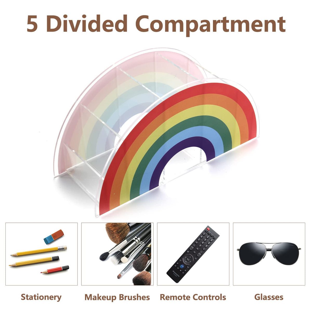 Flytreal Acrylic Pen Pencil Holder Clear Desk Organizer, Rainbow Home Office Desk Pen Storage