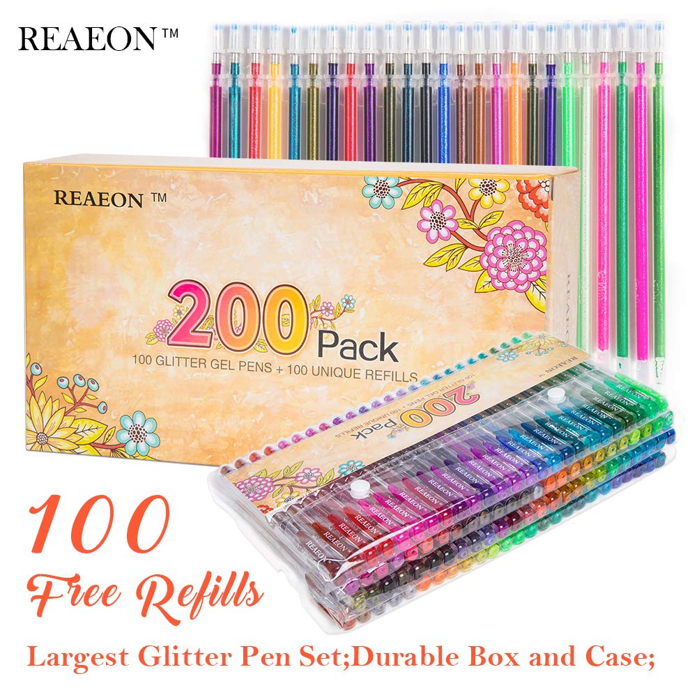 Reaeon 200 Glitter Gel Pen Set, 100 Gel Pens plus 100 Refills Glitter Neon Pen for Coloring Books