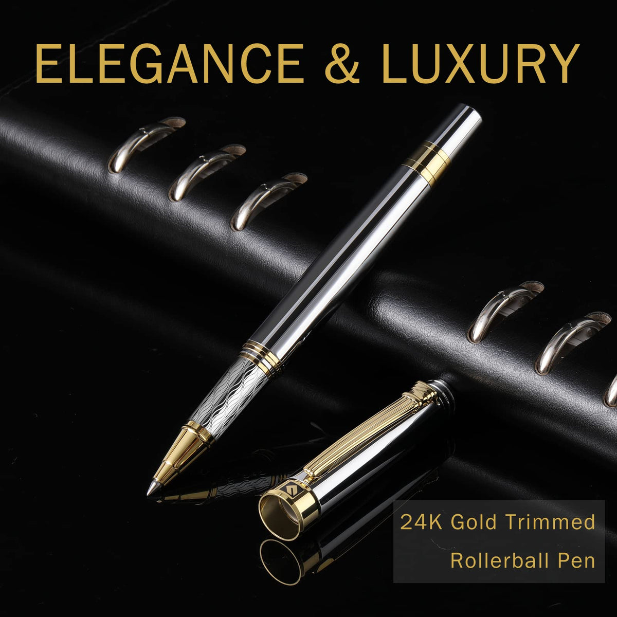 KEYZOR Luxury Writing Rollerball Pen With Schmidt Refill,Metal Pen Of 24k Gold Trim,Fancy Pen Gift