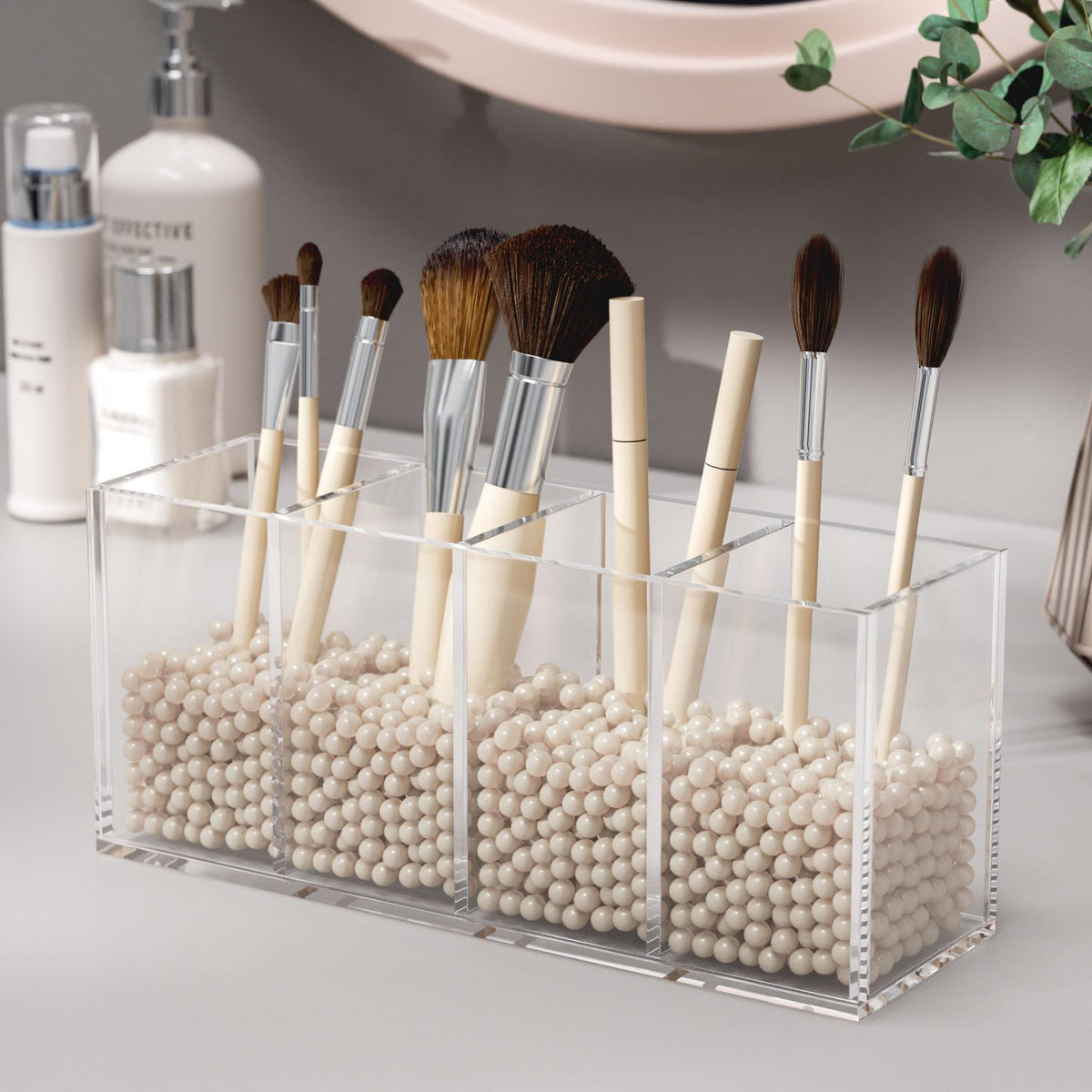 NIUBEE Acrylic Pen Holder 4 Compartments, Clear Desk Pencil Organizer Cup